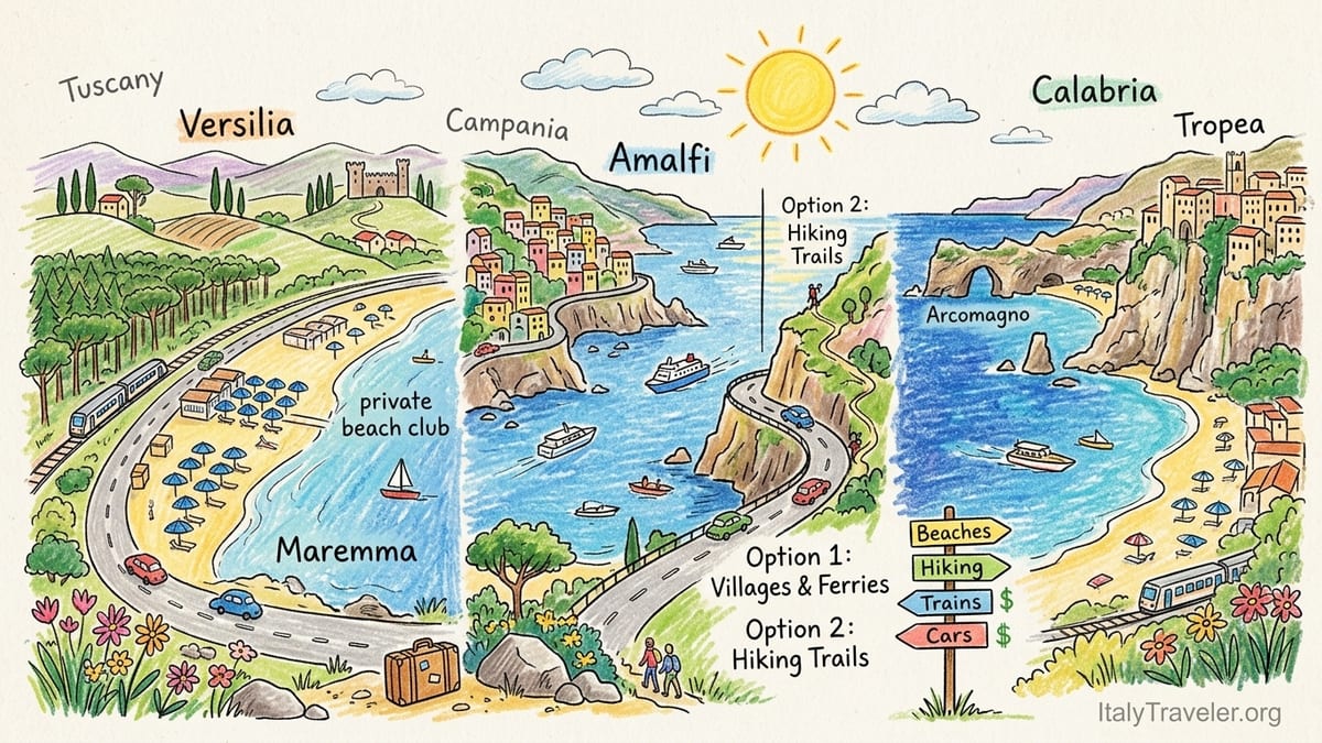 Panoramic view of Italian Tyrrhenian coast with cliffside town, sandy beach and rocky coves at sunset.