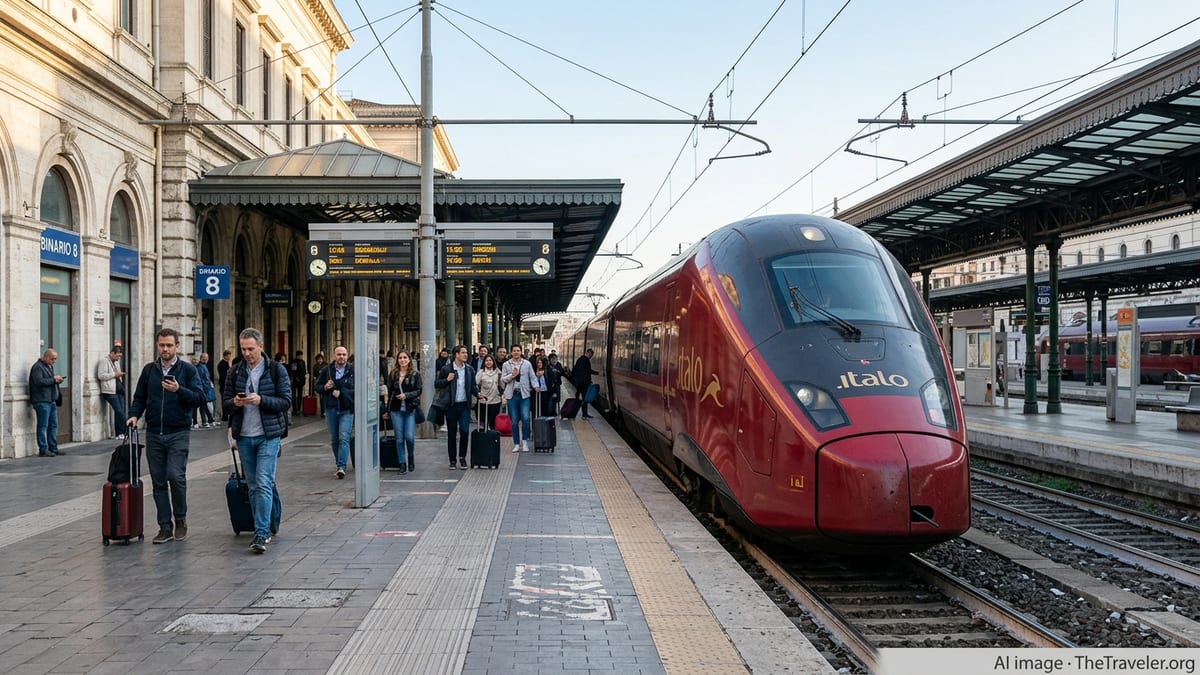 Italo high-speed train at a busy Italian station platform with travelers boarding.