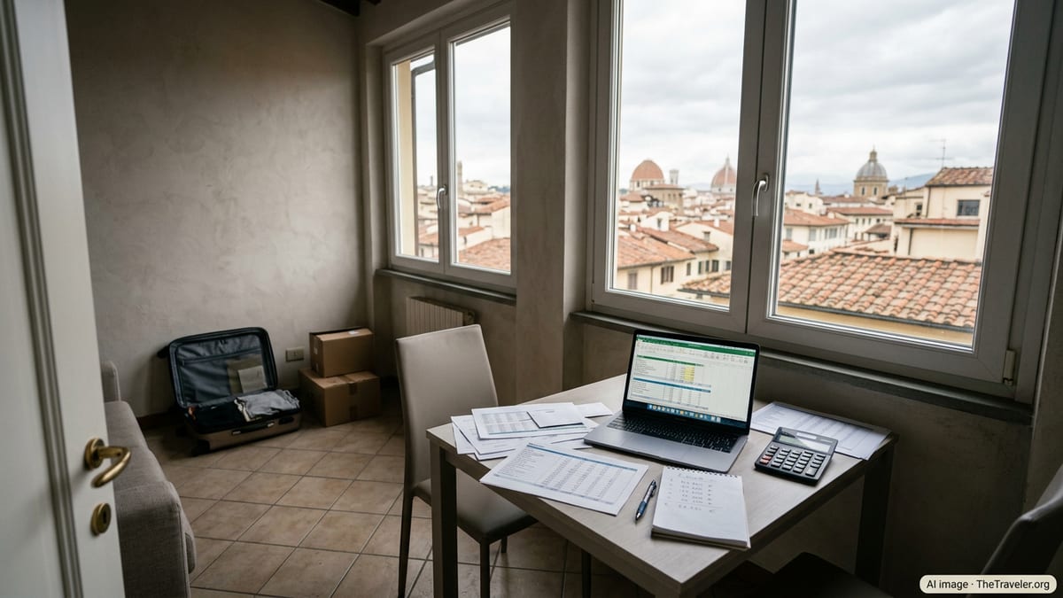 Interior of an Italian apartment with budgeting papers and city rooftops view.