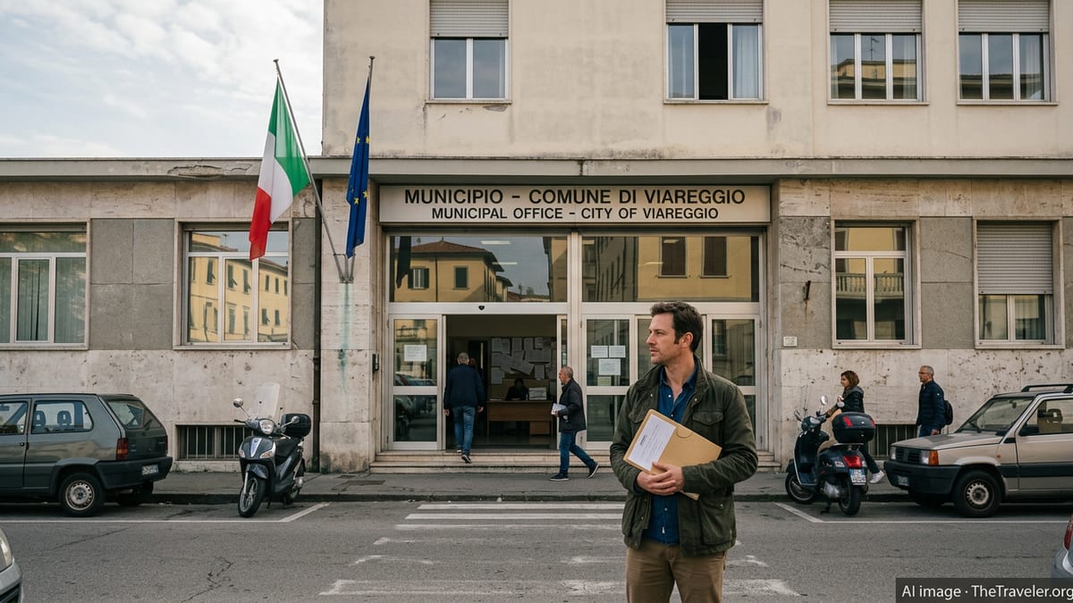 Expat outside an Italian municipal office building handling paperwork.