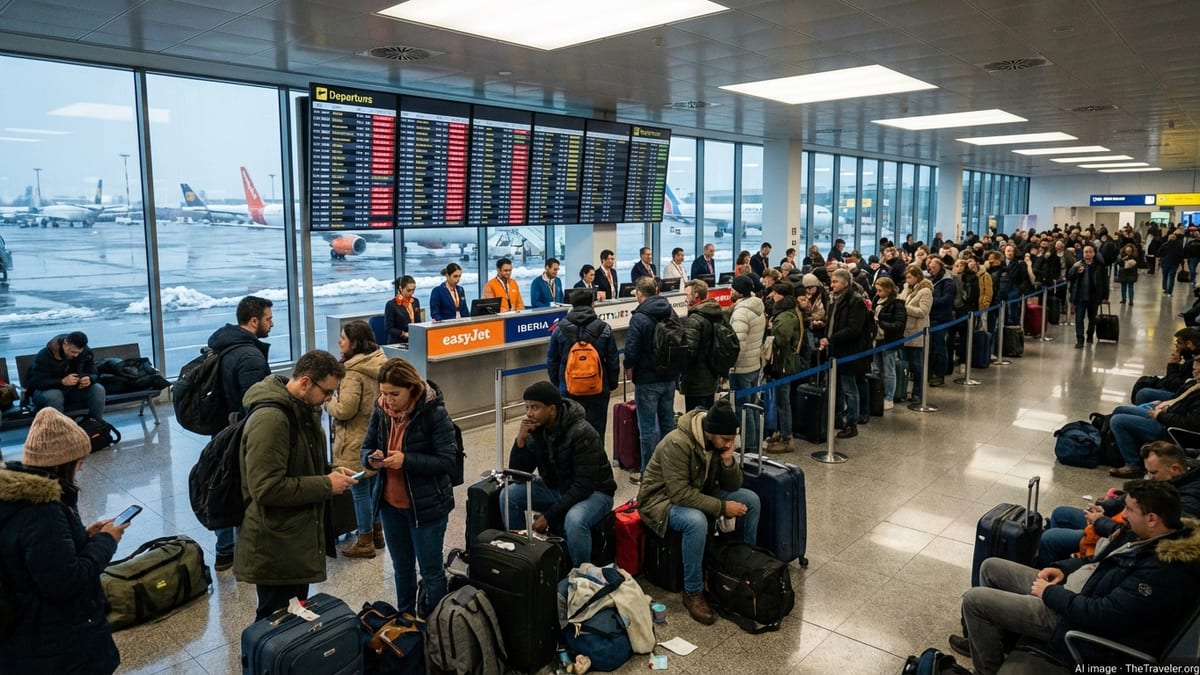 Crowds of passengers in a Milan airport departures hall watching boards of cancelled and delayed flights.