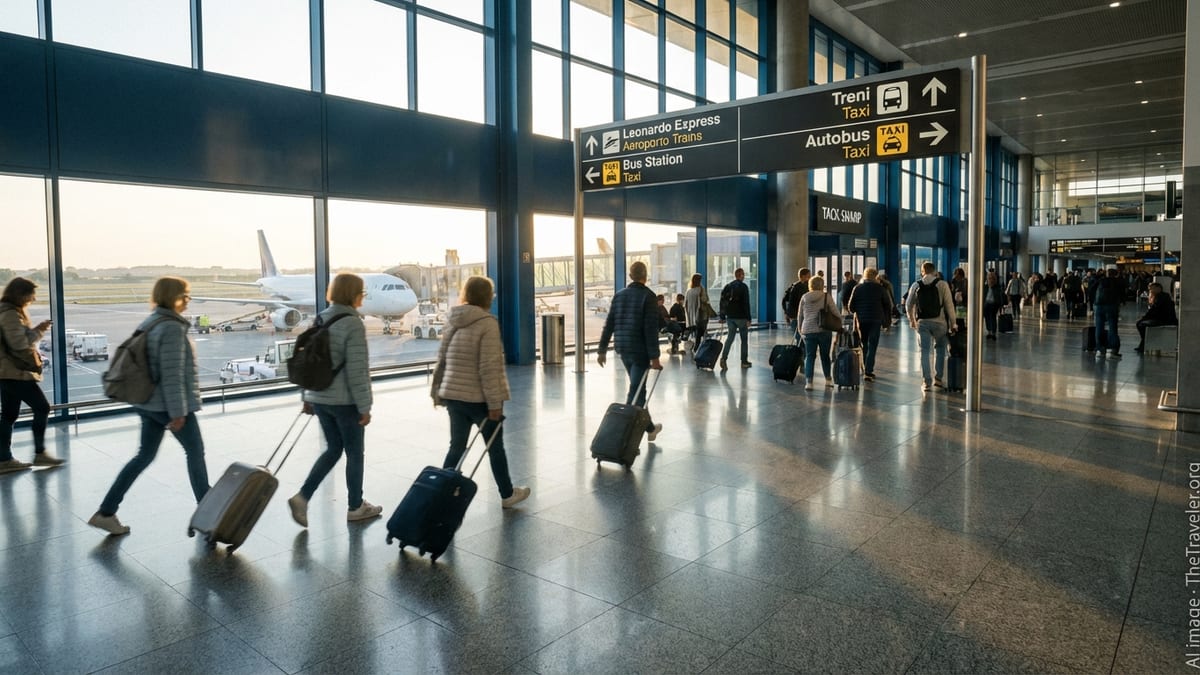 Travelers walk through Rome Fiumicino Airport terminal under signs for trains, buses and taxis.
