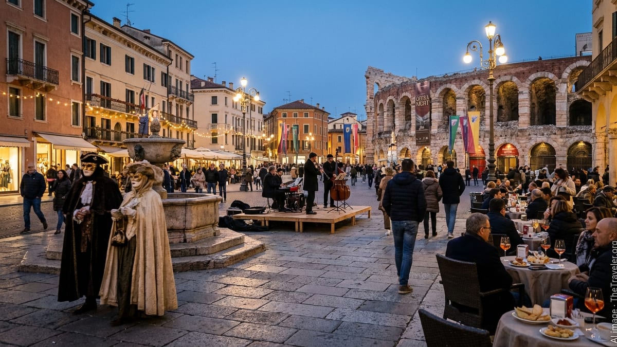 Italian piazza at dusk with masked festival goers, musicians and cafe terraces.