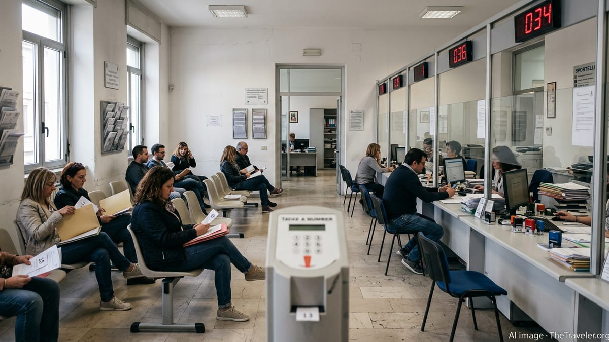 Busy Italian municipal office with people waiting for their turn at public service counters.