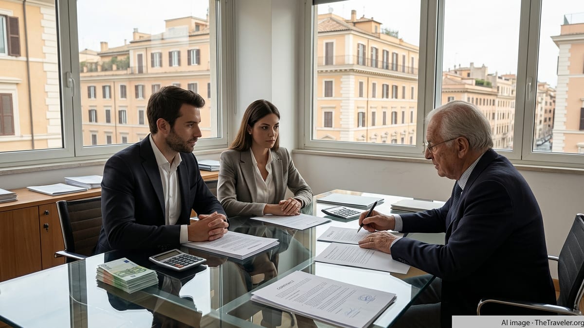 Couple reviewing property sale documents with a notary in an office overlooking Italian buildings.