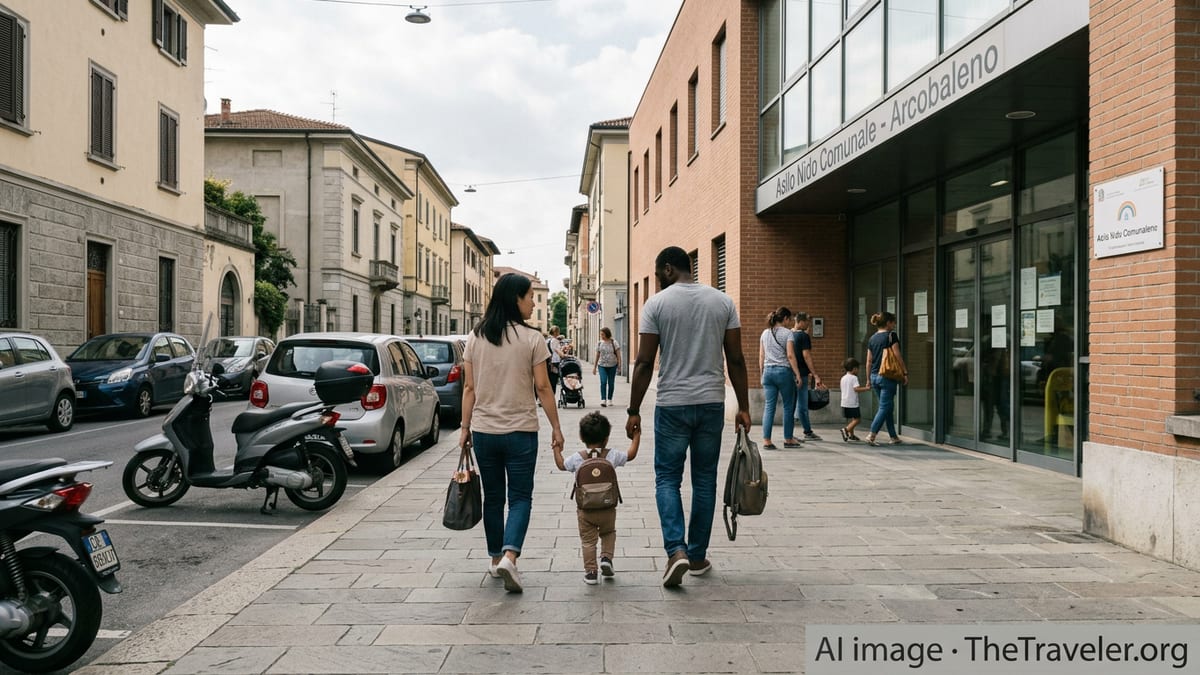 Parents walking a young child to a municipal childcare center on an Italian city street.