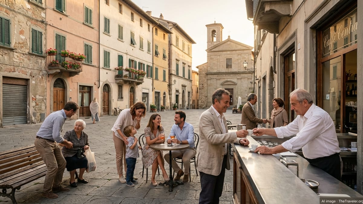 Italian locals and tourists greeting and drinking coffee in a historic piazza at sunset.