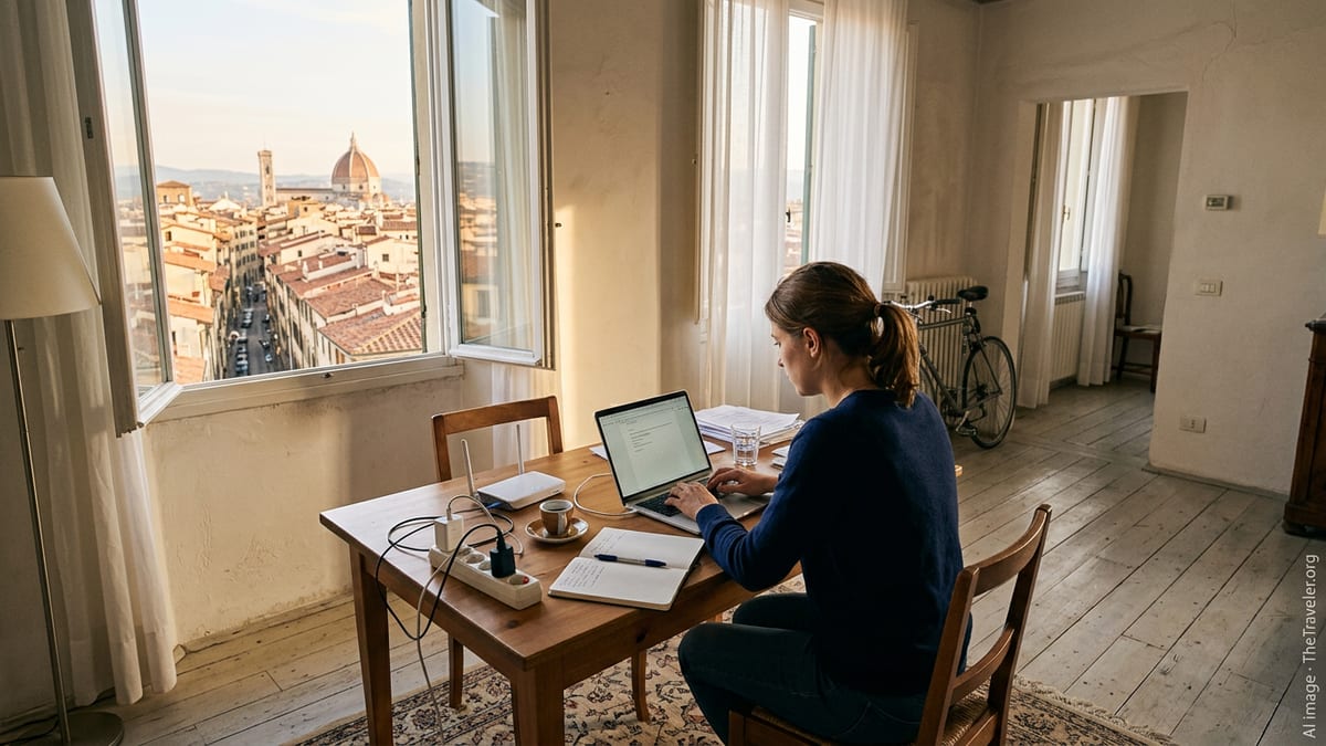 Remote worker using a laptop in an Italian apartment with city rooftops visible through large windows.