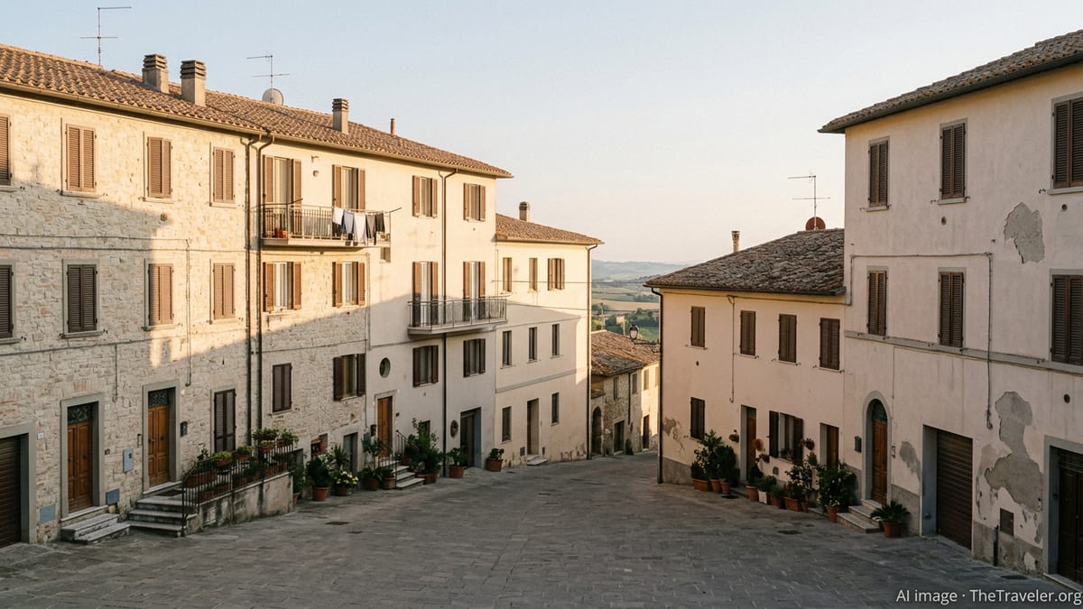 Quiet Italian residential piazza with apartment buildings and afternoon light.
