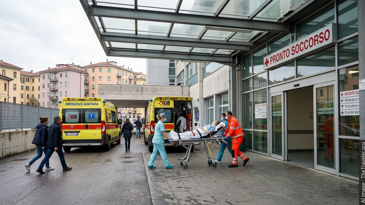 Ambulances and medical staff outside the Pronto Soccorso emergency entrance of an Italian hospital.
