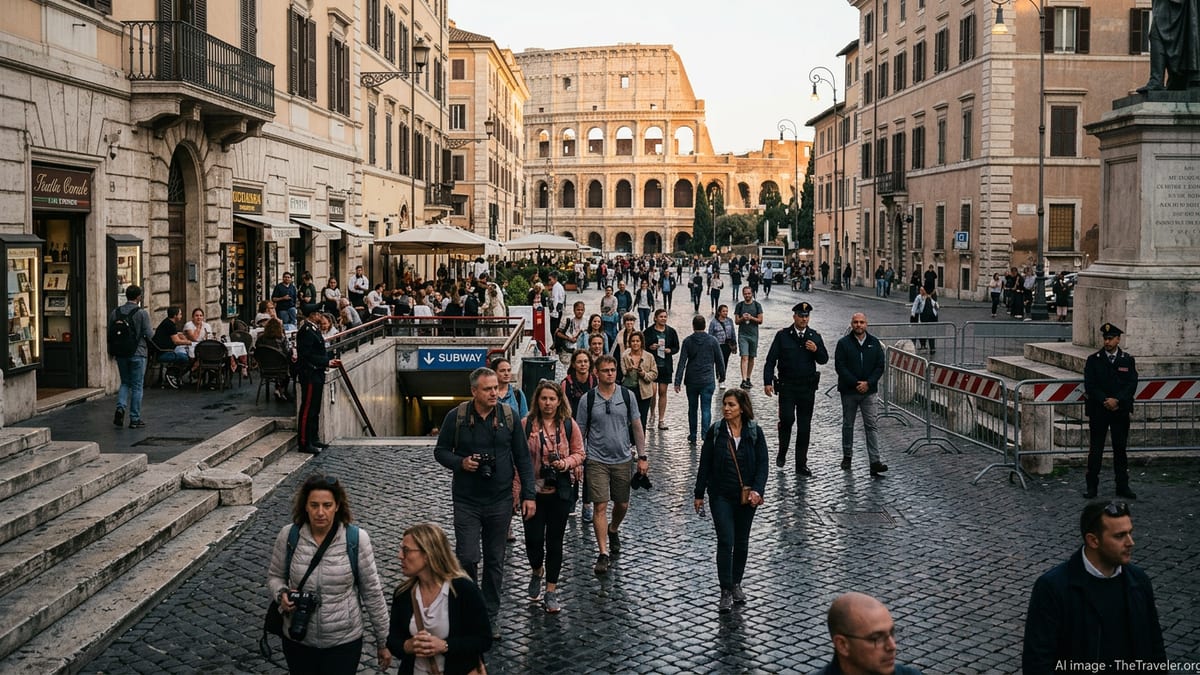 Crowded Roman piazza at dusk with tourists and police visible near a landmark.