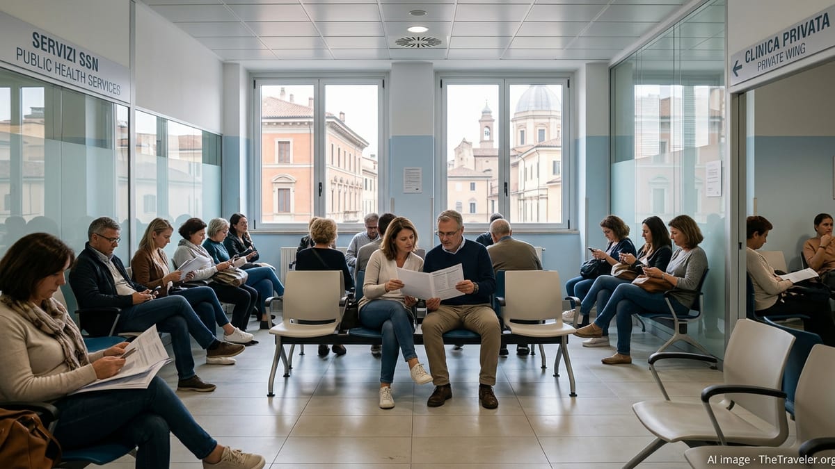 People in an Italian hospital waiting area near signs for public SSN and private clinic services.