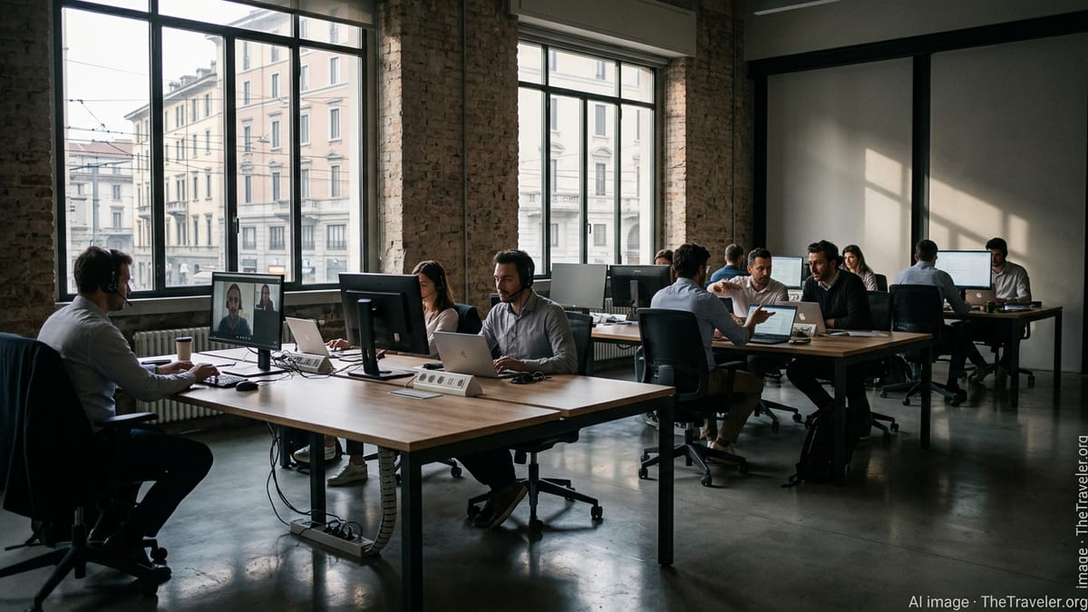 Remote workers using laptops inside a modern coworking space in central Milan, Italy.