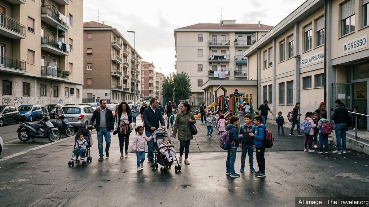 Parents and children outside an Italian primary school and playground in an urban neighborhood.