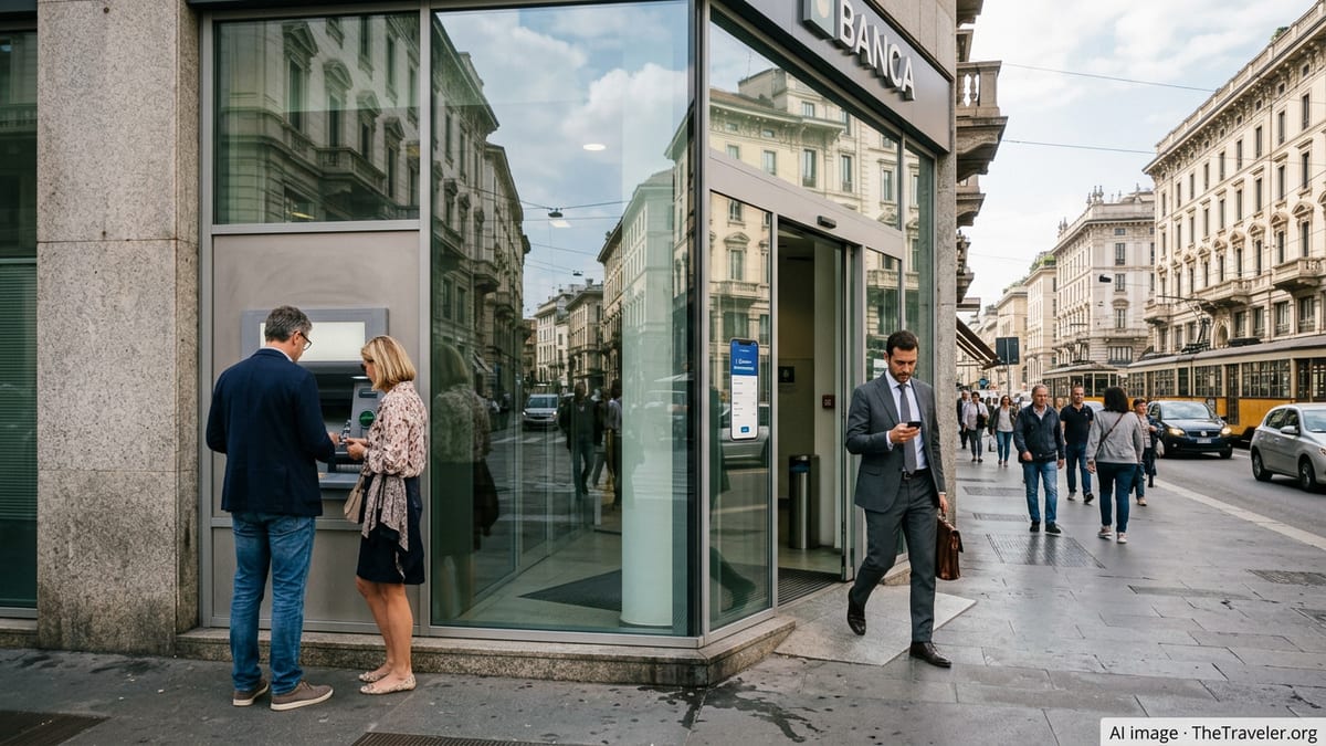 Expats using an ATM outside a modern bank branch on a central Milan street.