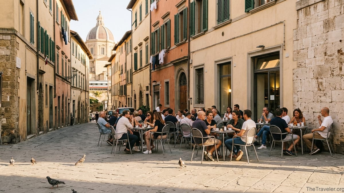 Italian piazza at golden hour with people at outdoor cafes and historic buildings.