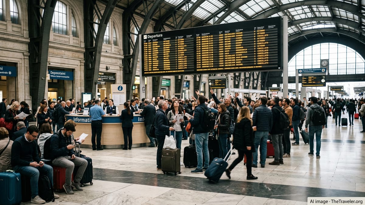 Crowded Italian train station with delayed departures and stranded travelers.