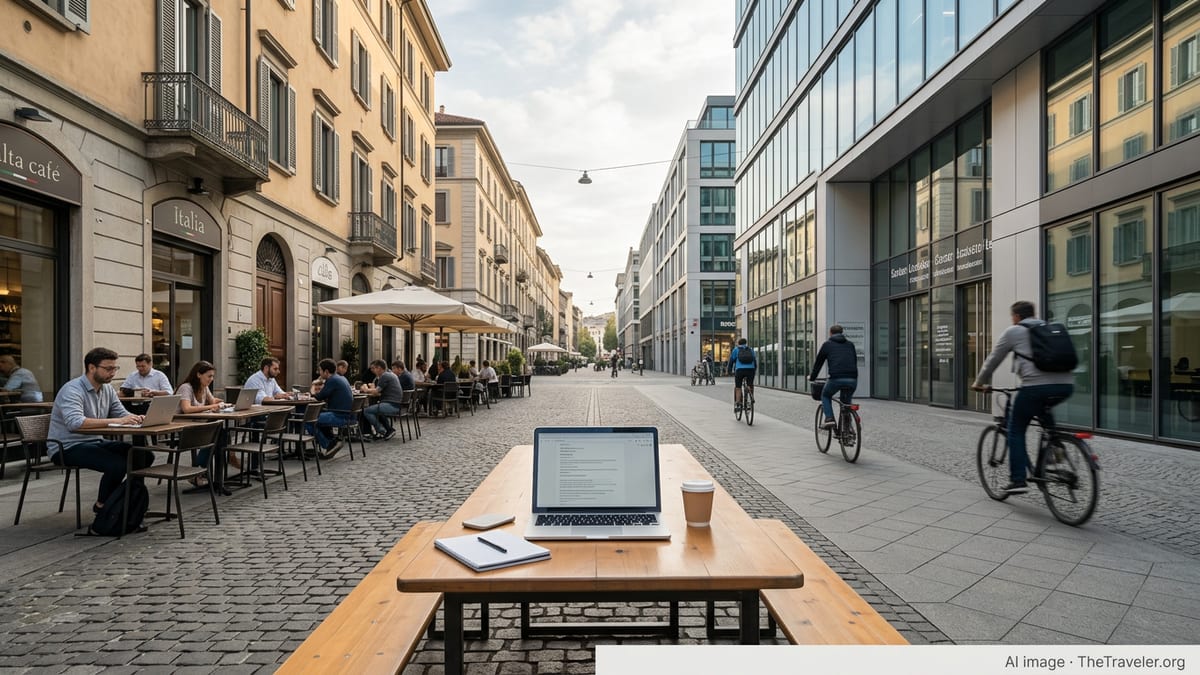 Remote worker’s table overlooking contrasting cityscapes in Italy and Germany