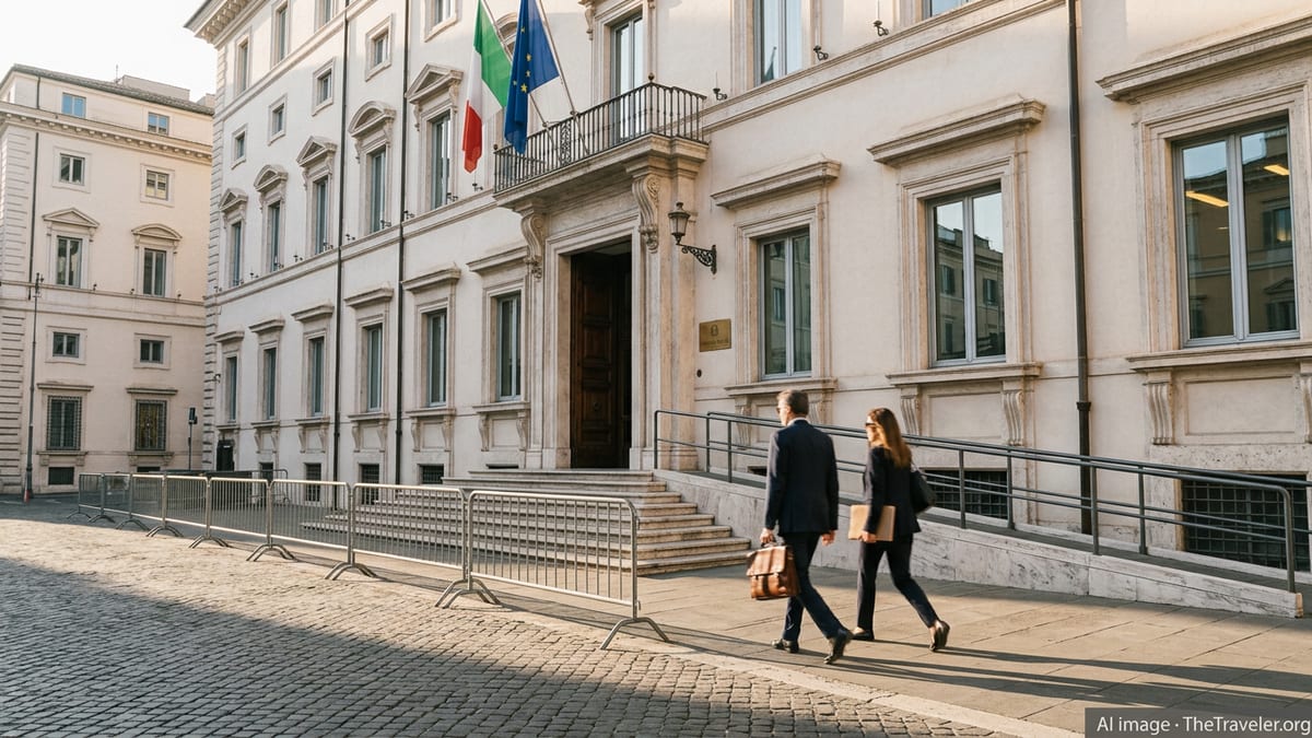International couple approaching Italian government building in Rome for investor visa process