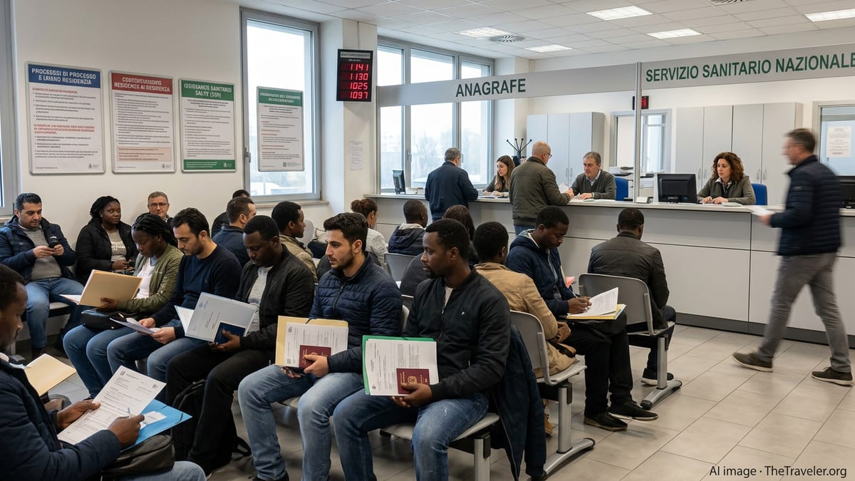 Foreign residents waiting in an Italian municipal office to process health insurance for residency.
