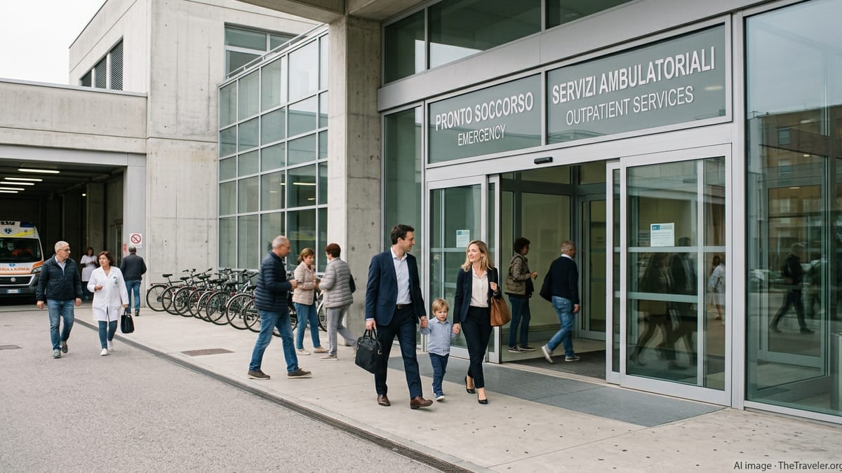 Expat family walking toward the entrance of a modern Italian public hospital.