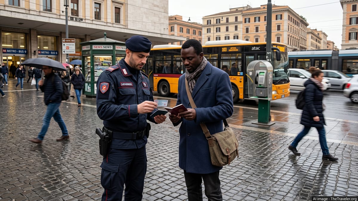 Italian police officer checking a foreign resident’s documents at a Rome transit hub