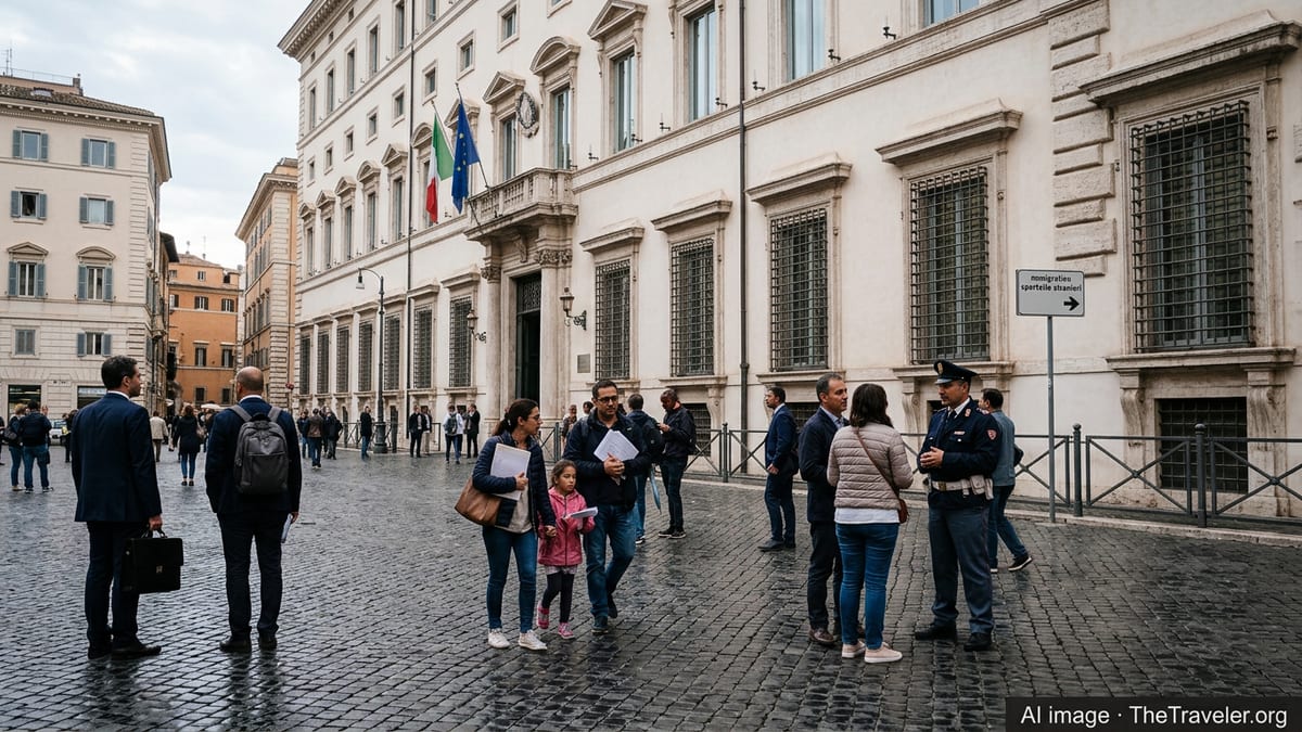Foreign nationals outside an Italian government building in Rome near an immigration office sign.