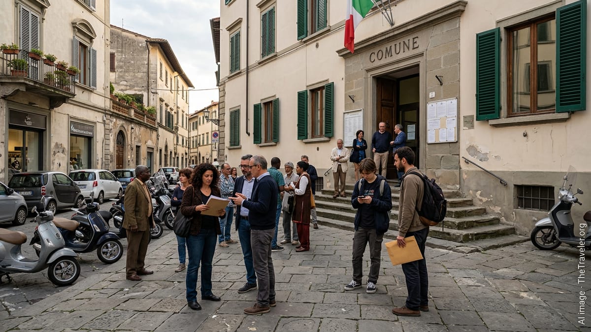 Expats and locals outside an Italian municipal office, highlighting integration challenges.