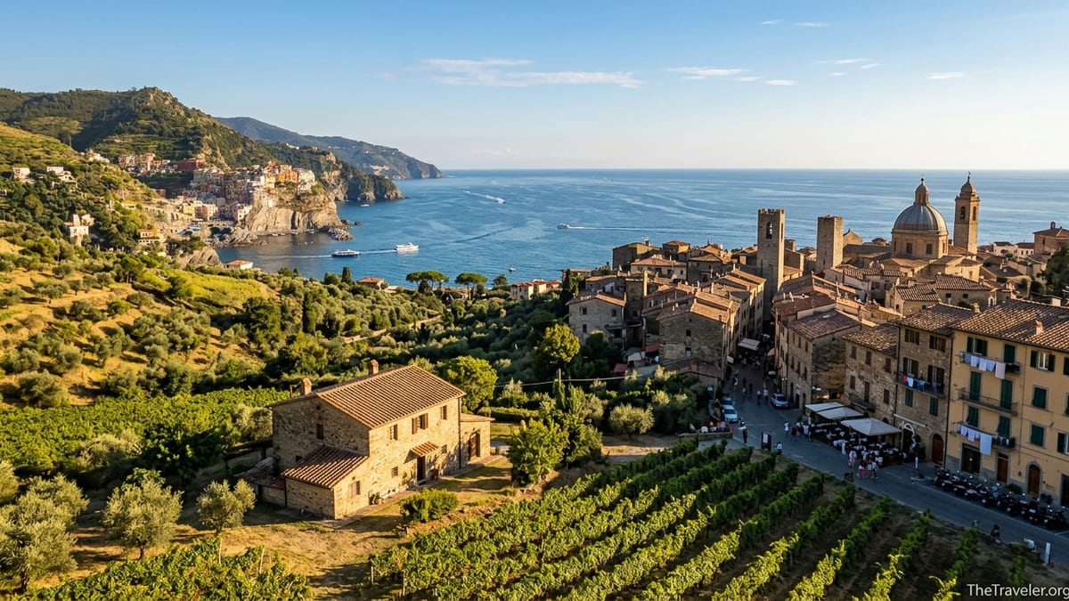 A panoramic view of Tuscan vineyards, a hilltown and distant Italian coastline at golden hour.