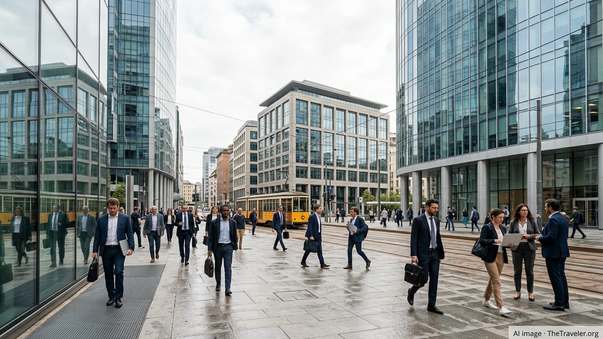 Office workers walking through a modern business district in Milan, Italy.