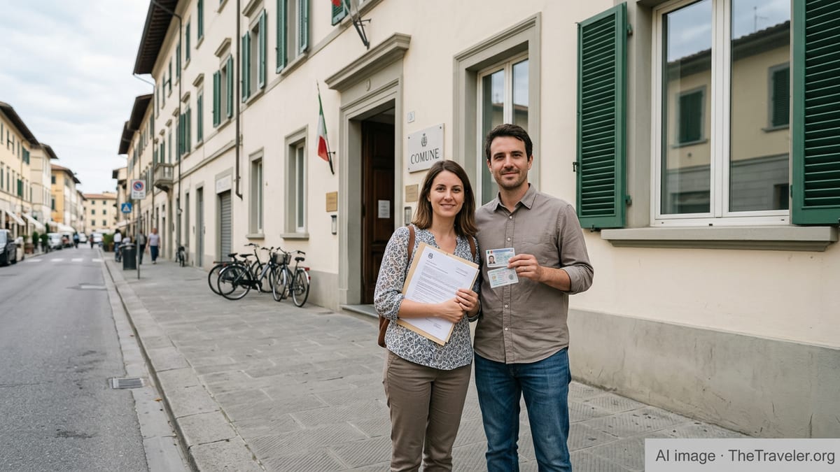 Couple holding documents outside an Italian municipal office after residency appointment