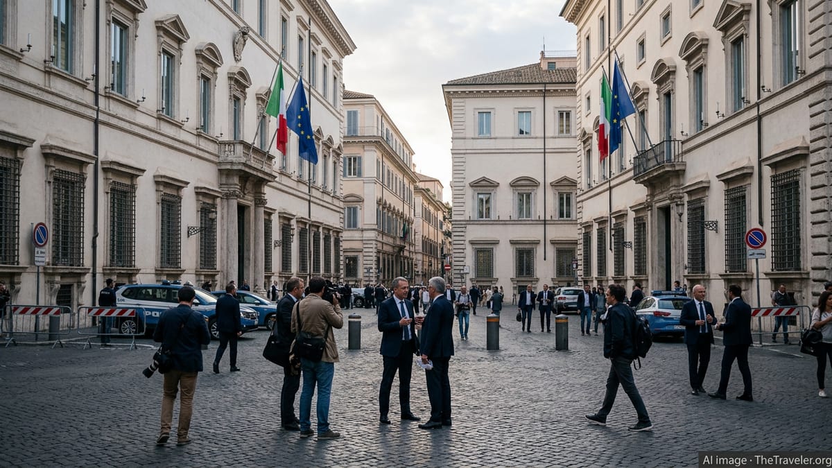 Government district in Rome with flags, officials, and pedestrians on a cloudy day