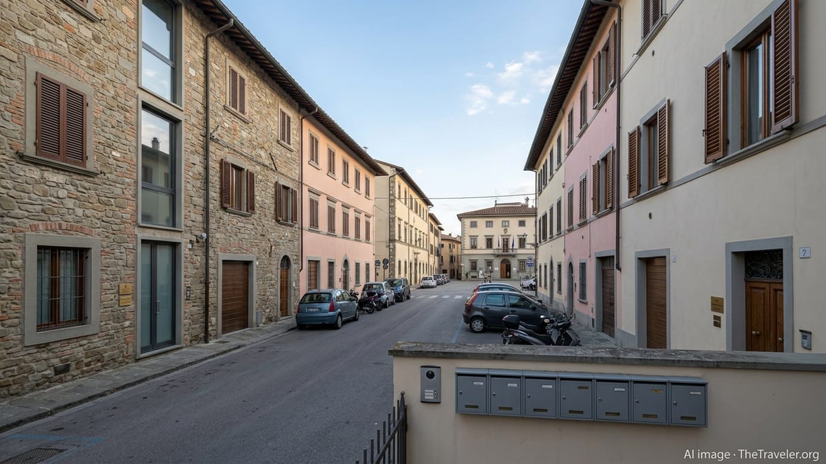 Italian residential street with stone houses and pastel facades under soft afternoon light.