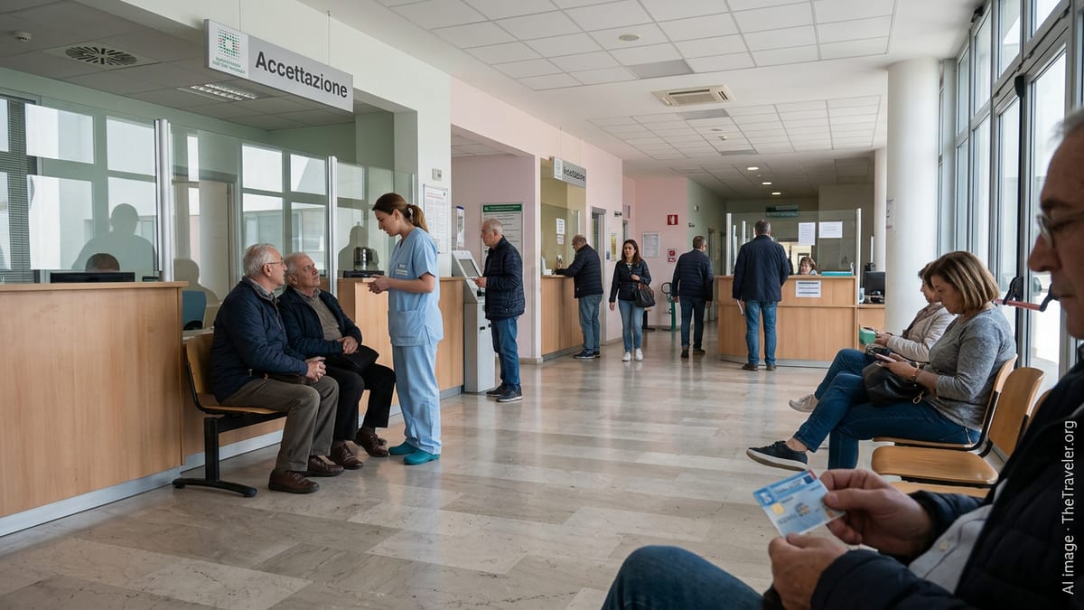 Residents waiting and speaking with staff in a modern Italian public hospital reception.