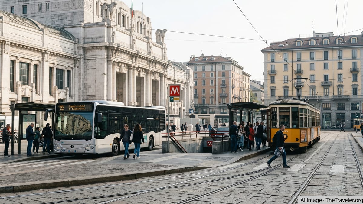 Busy Milan transport hub with tram, bus and metro entrance on a bright day.