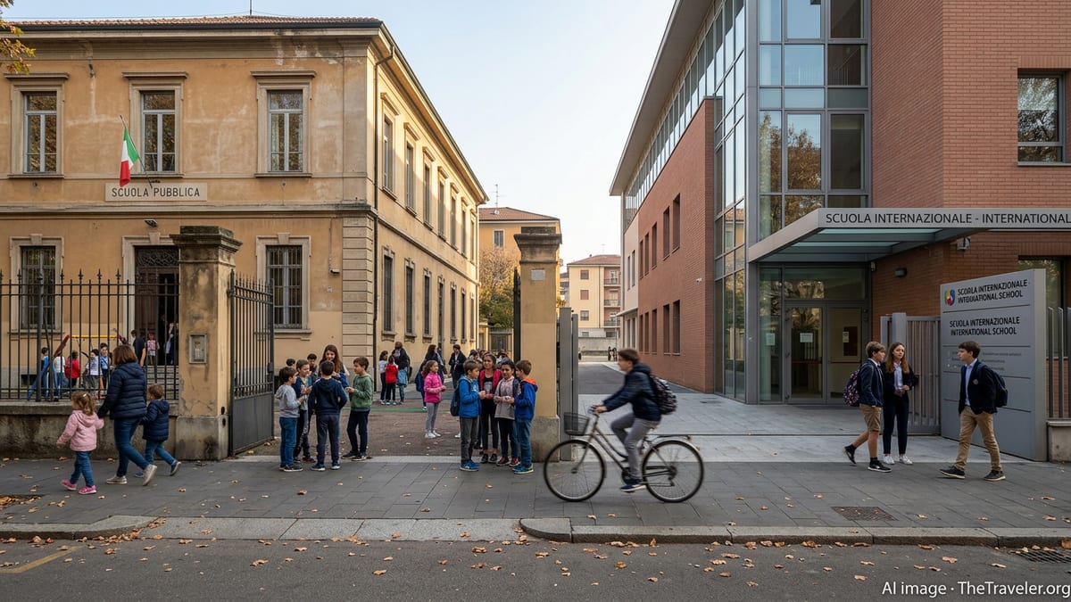 Italian public and private school buildings side by side with students arriving in the morning