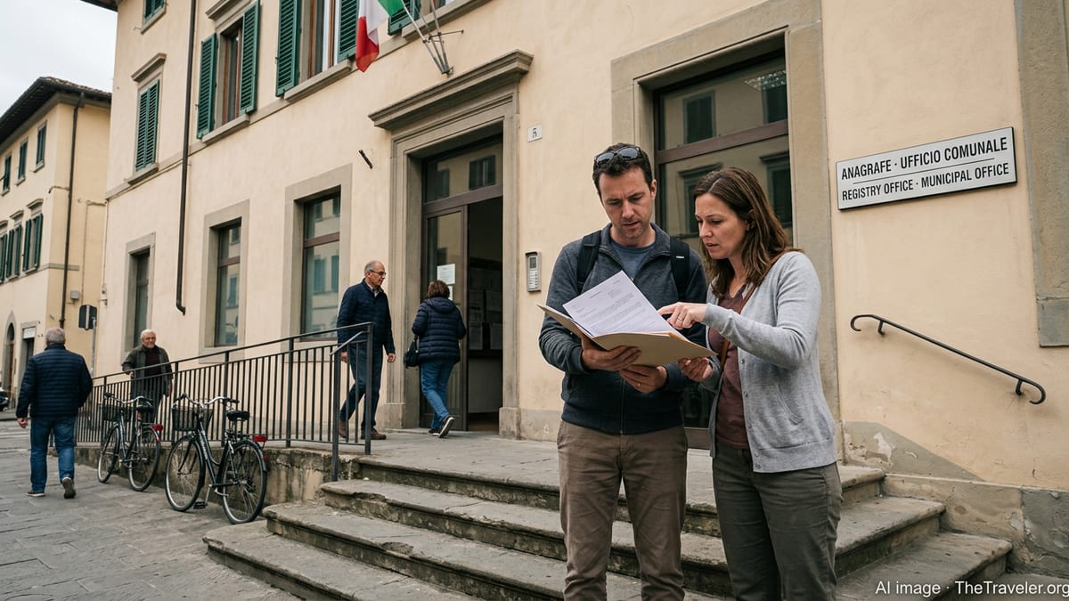 Expats with documents outside an Italian municipal anagrafe office in a historic town