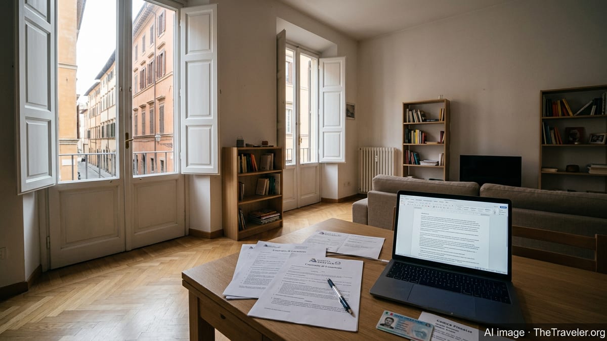 Italian apartment with rental documents on a table and view of historic buildings outside.