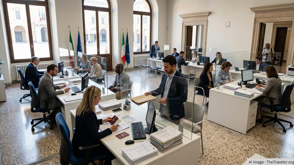 Applicants consulting officials in an Italian municipal office about residency documents.