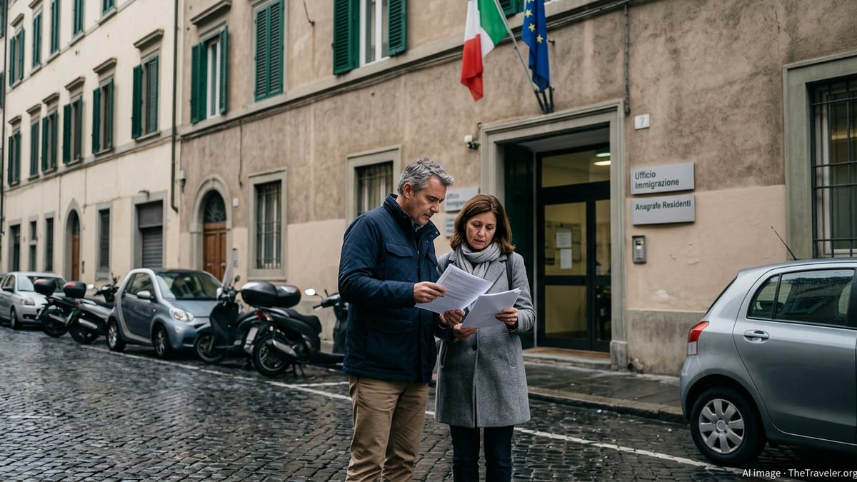 Foreign couple reviews residency documents outside an Italian municipal immigration office.