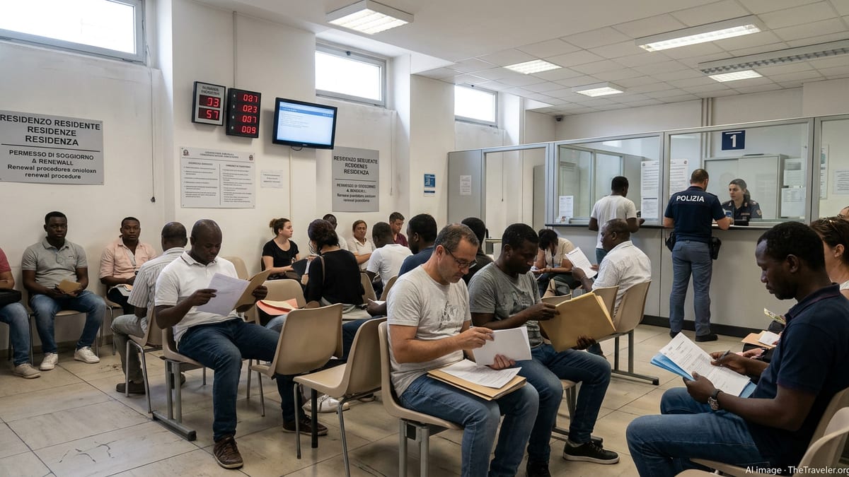 Foreign residents waiting with documents at an Italian Questura immigration office for residence permit renewal.