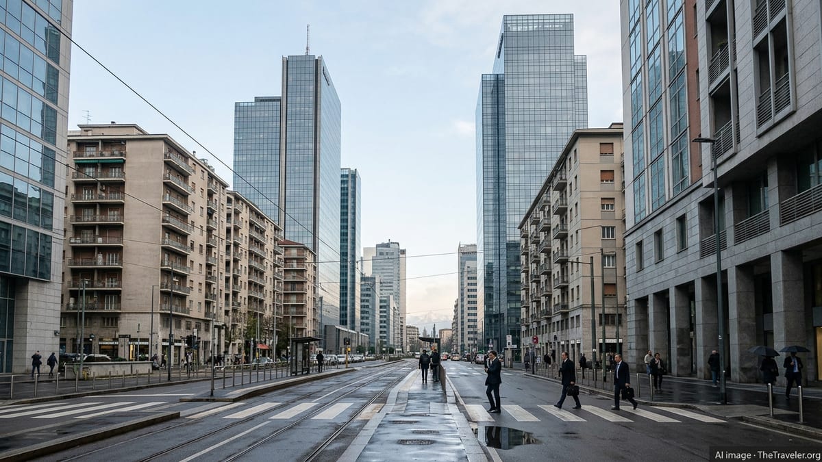 Early morning view of Milan business district with wet streets and commuters under overcast sky.