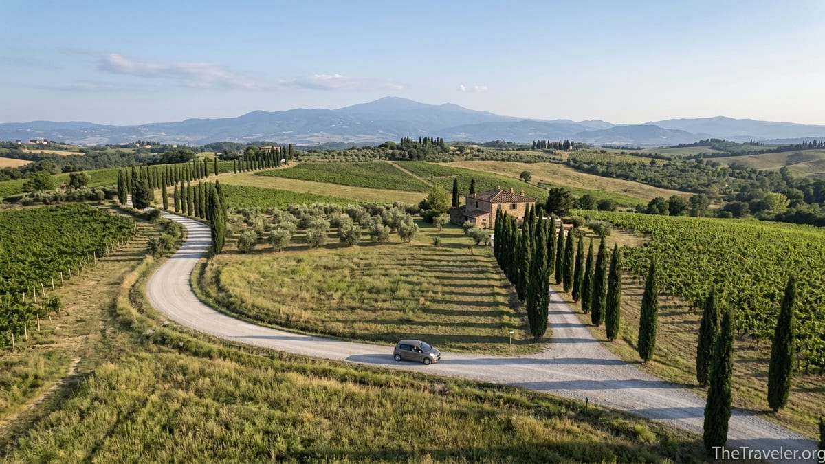 A small car driving along a winding Tuscan road amid vineyards and cypress trees at sunset.