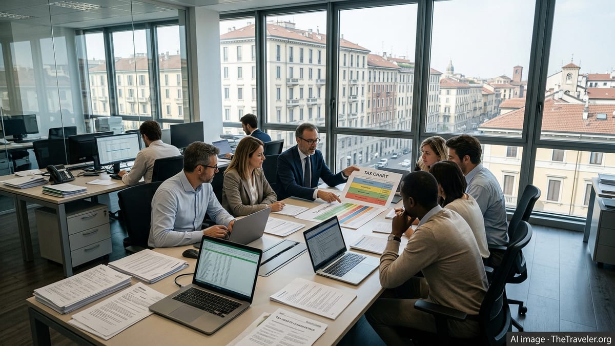 International professionals in a Milan office reviewing Italian tax documents with a local advisor.