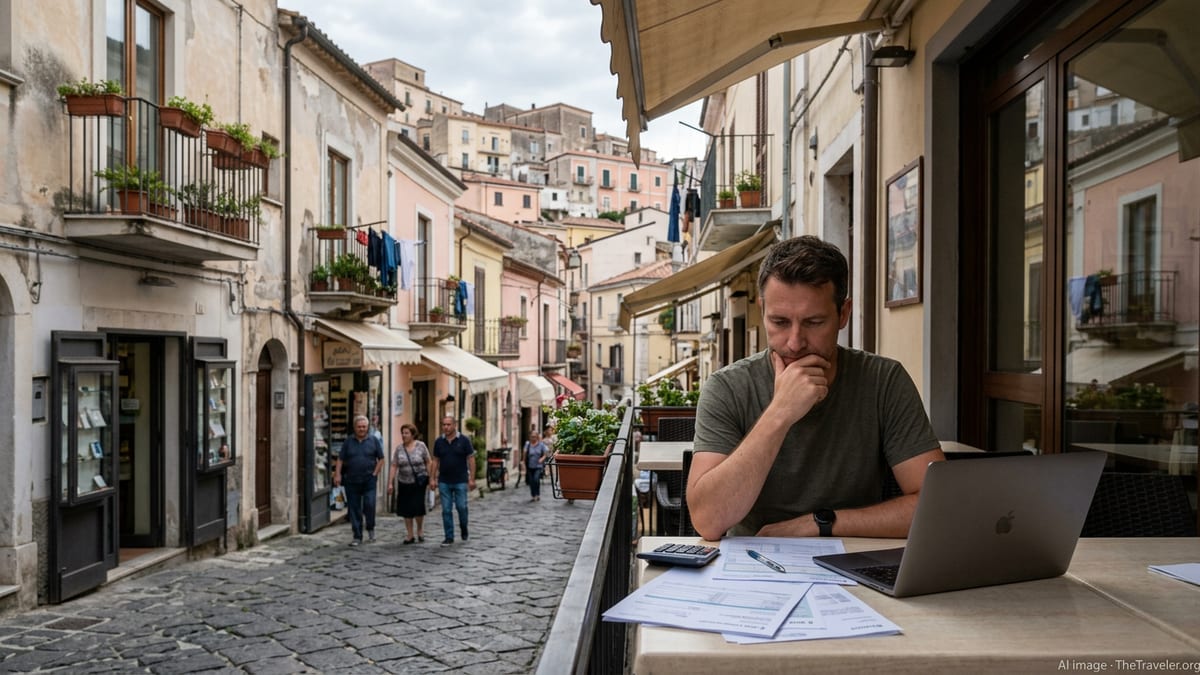 Expat reviewing tax documents at a café in a small Italian town at dusk