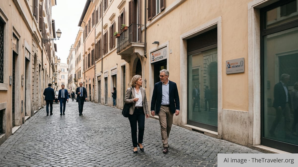 Professional couple walking past an Italian tax office on a Rome street, symbolizing tax residency.