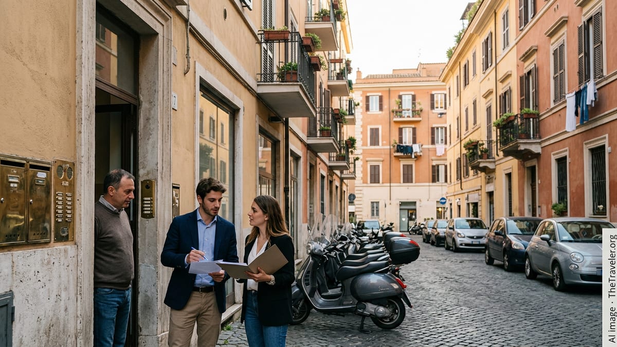 Tenants reviewing a rental contract with a landlord outside an Italian apartment building.