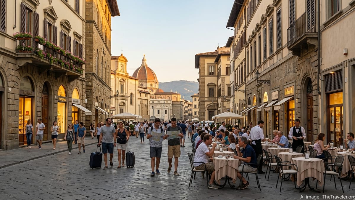 Busy Italian piazza at golden hour with historic buildings, cafés and travelers.