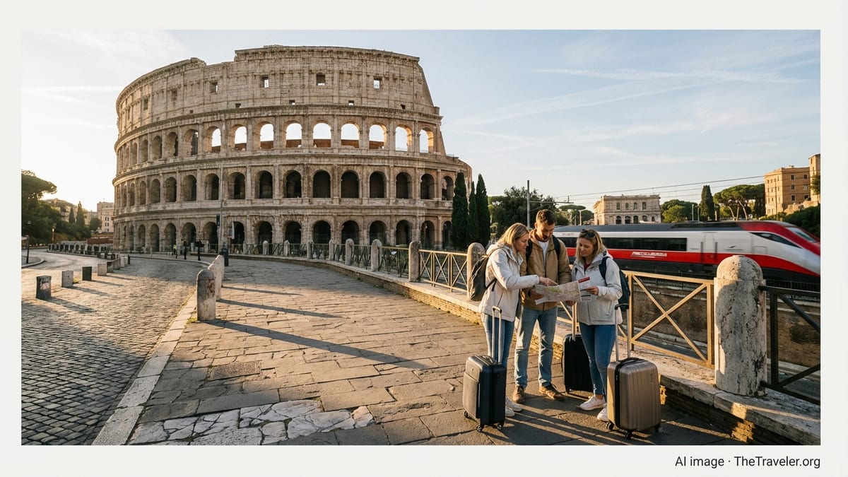 Travelers near the Colosseum in Rome holding passes, with a distant high speed train.