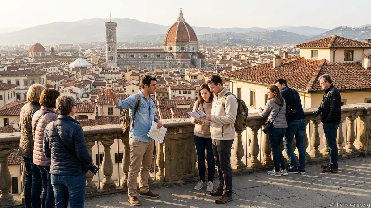Small group of travelers with a guide overlooking Florence’s Duomo at golden hour